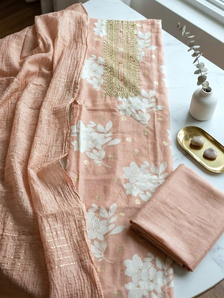 Embroidered Cotton Blend Unstitched Suit With Pant &amp; Dupatta