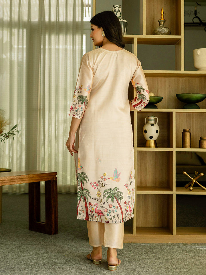 Embroidered Cotton Blend Kurta With Pants &amp; Dupatta