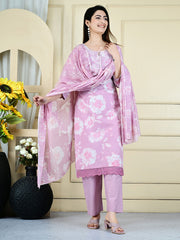 Neck Embroidered Cotton Blend Kurta With Pants & Dupatta