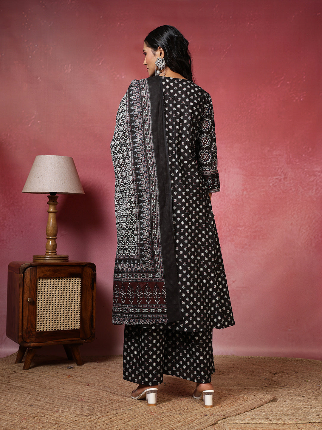 Printed Cotton Blend Kurta With Plazzo &amp; Dupatta