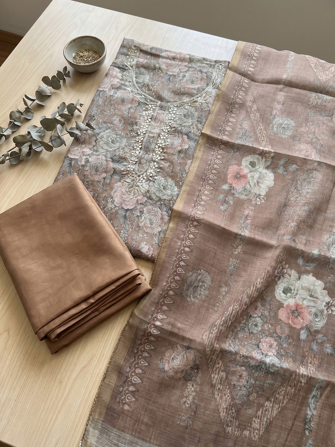 Embroidered Chanderi Unstitched Suit With Pant &amp; Dupatta
