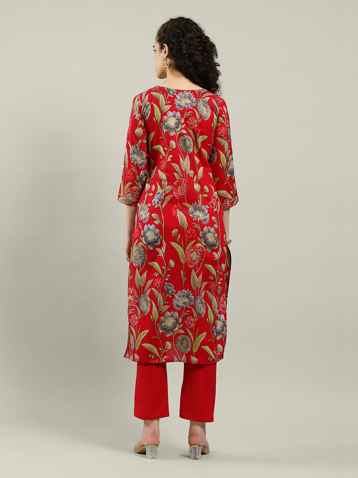 Neck Embroidered Cotton Blend Kurta With Pants