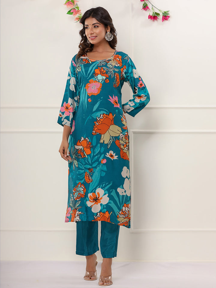 Blue Digital Printed Muslin Straight Suit Set With Dupatta