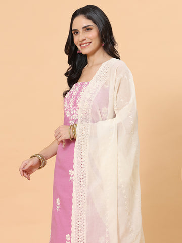 Neck Embroidered Cotton Blend Unstitched Suit Piece With Dupatta