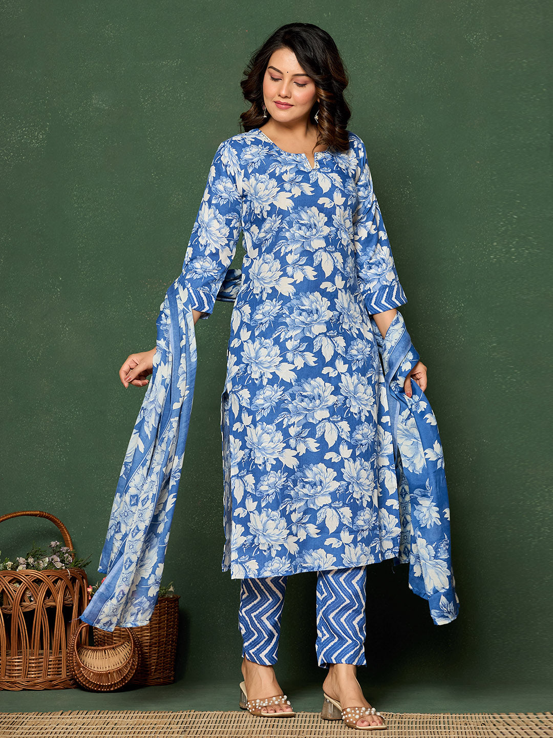Printed Cotton Blend Kurta With Pants & Dupatta