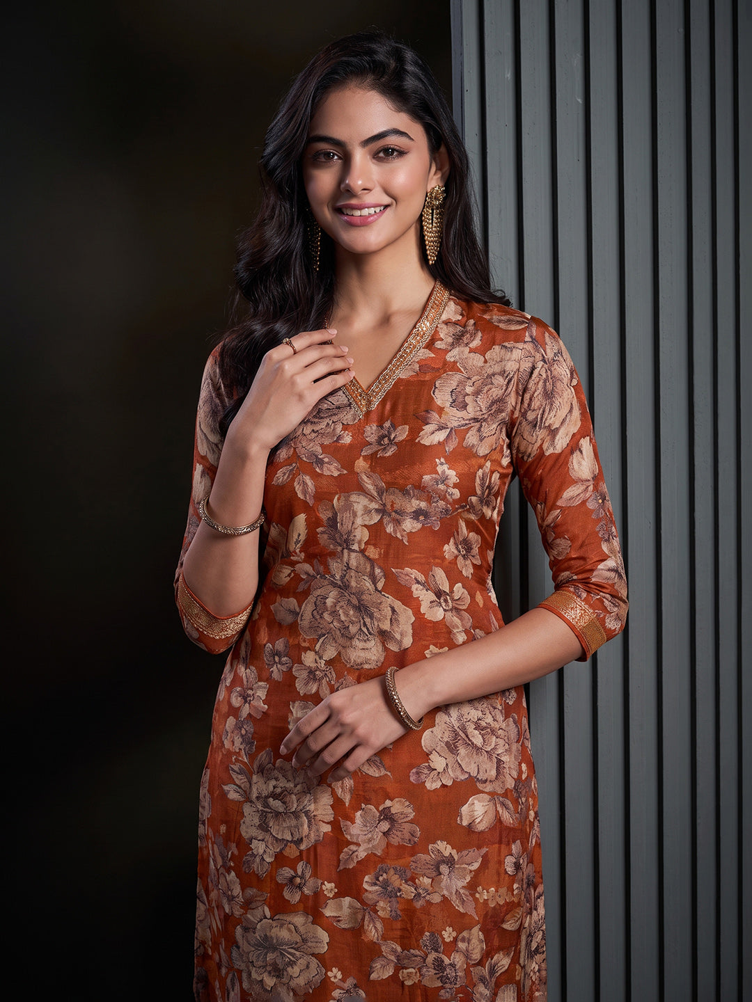 Rust Printed Art Silk Kurta With Pant &amp; Dupatta