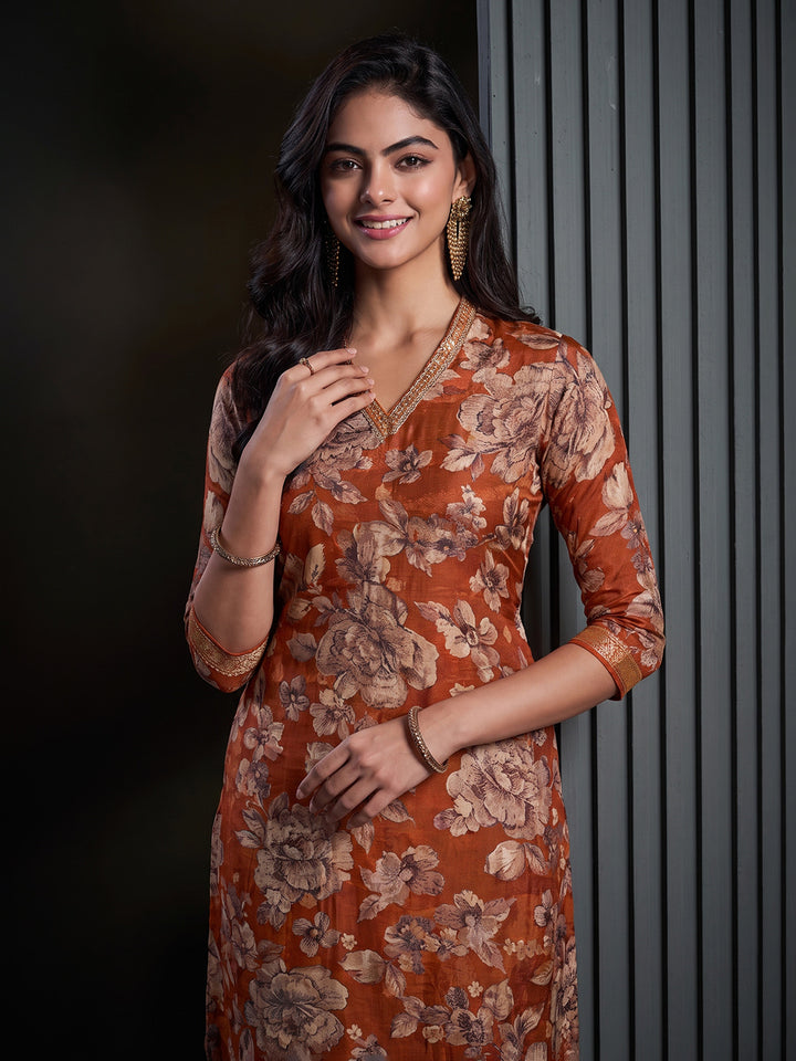 Rust Printed Art Silk Kurta With Pant &amp; Dupatta