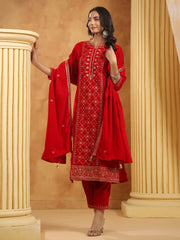 Neck Embroidered Velvet Kurta With Pants & Dupatta