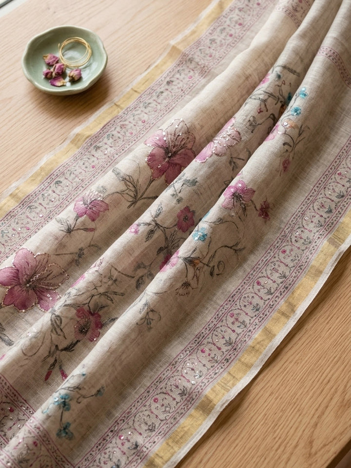 Printed Linen Blend Unstitched Suit With Pant &amp; Dupatta