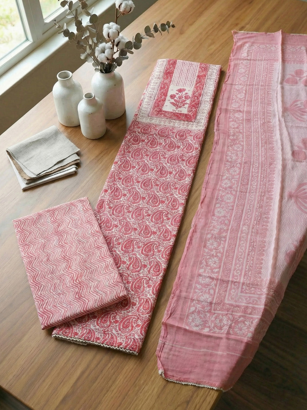 Embroidered Cotton Blend Unstitched Suit With Pant &amp; Dupatta
