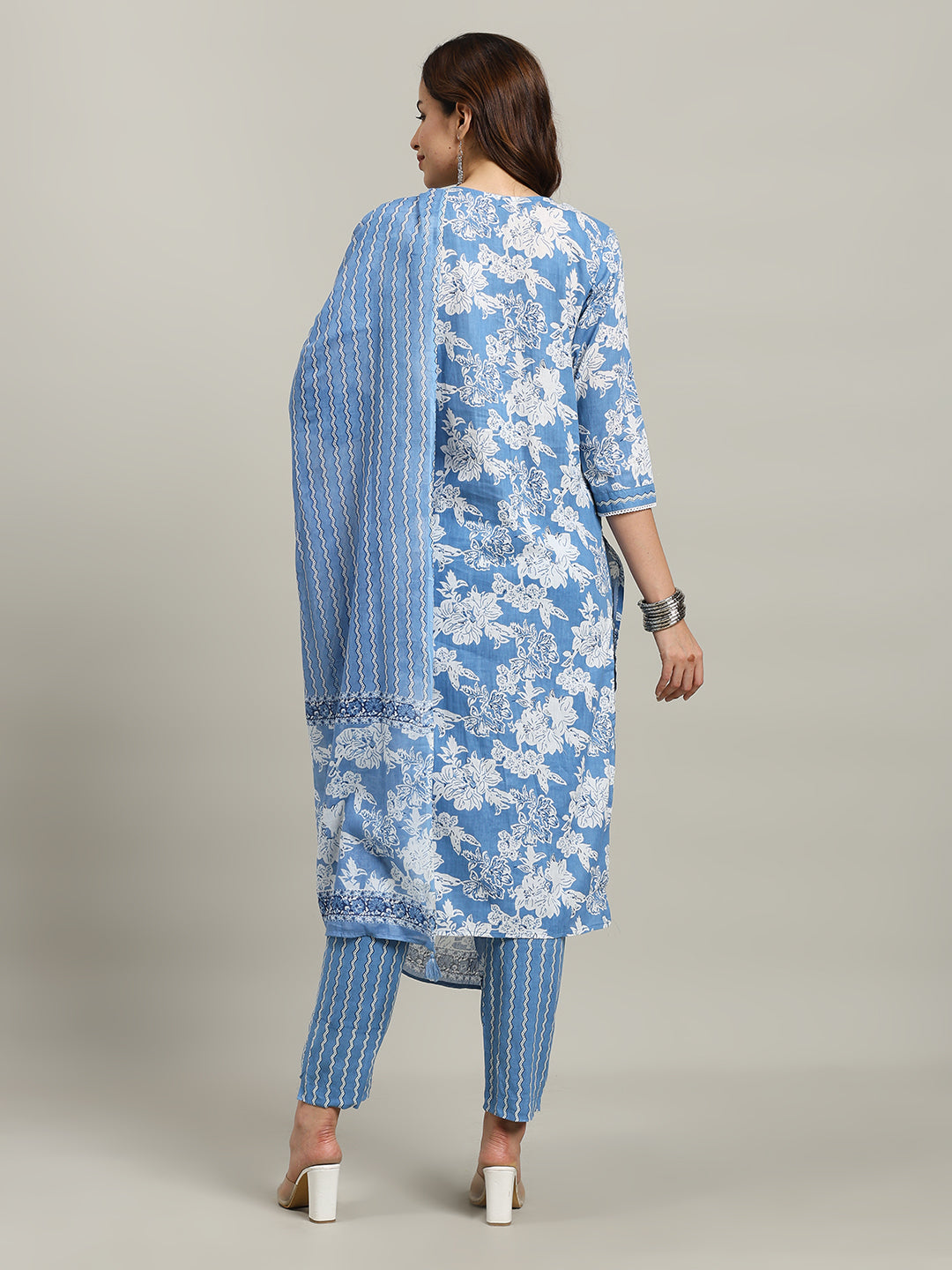 Floral Printed Cotton Blend Kurta With Pants & Dupatta