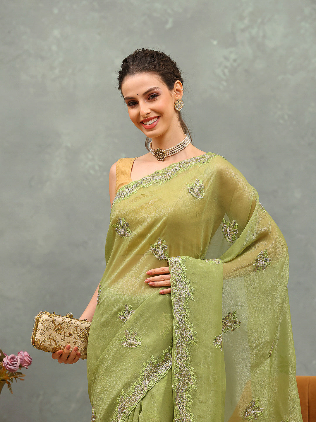 Thread Embroidered Chiffon Saree