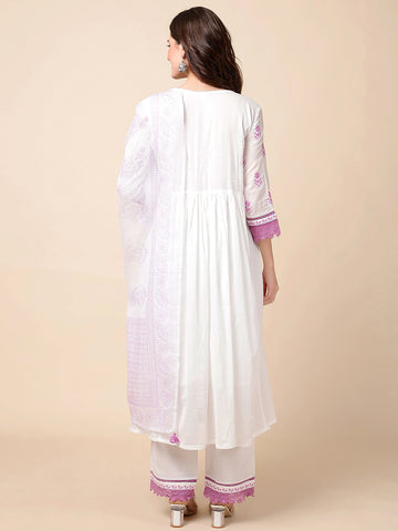 Printed Cotton Anarkali Kurta With Pants & Dupatta