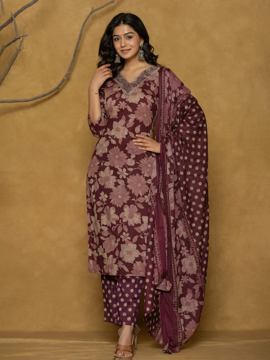 Printed Cotton Blend Kurta With Pants & Dupatta