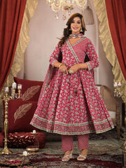 Floral Print Cotton Kurta With Pants & Dupatta