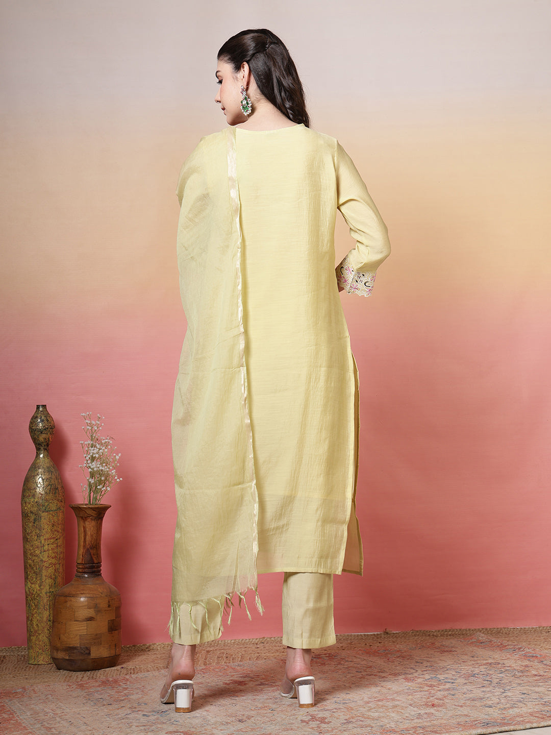 Plain Cotton Kurta With Pant &amp; Dupatta
