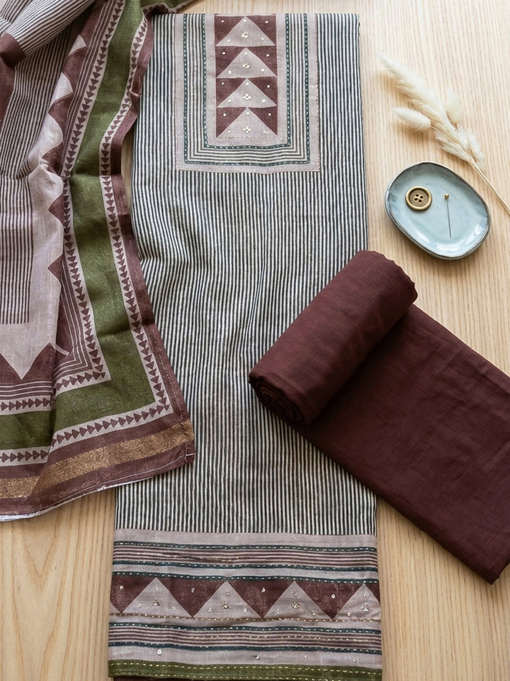 Printed Linen Blend Unstitched Suit With Pant &amp; Dupatta