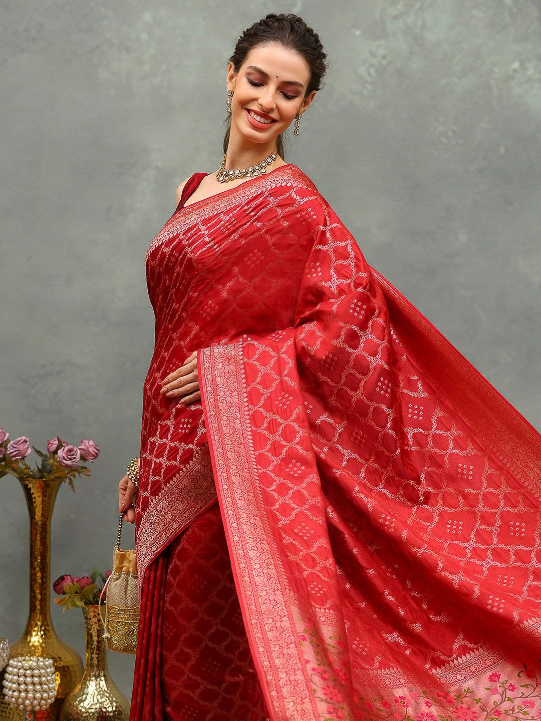 Zari Border Booti Art Silk Woven Saree