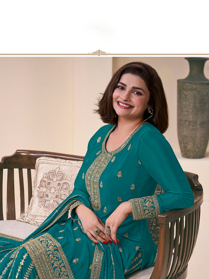 Embroidered Chinon Unstitched Suit With Pant &amp; Dupatta
