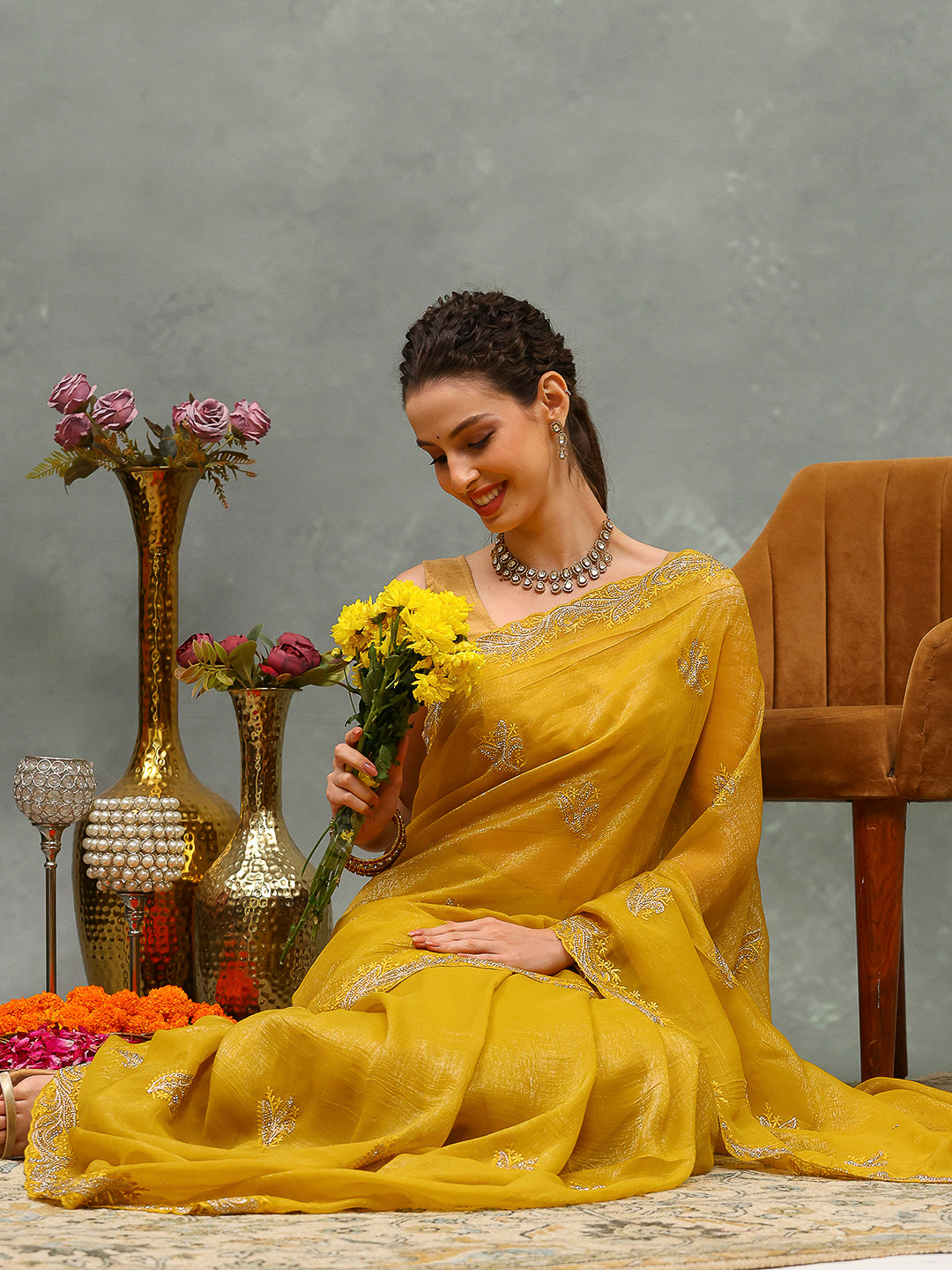 Thread Embroidered Chiffon Saree