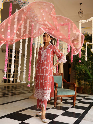 Embroidered Organza Kurta With Pants & Dupatta