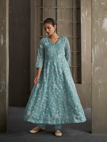 Embroidery Jaal Organza Kurta With Pants & Dupatta