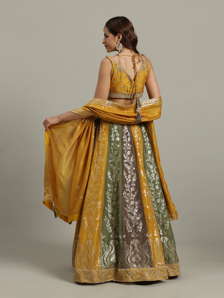 Embroidered Banarasi Choli With Lehenga &amp; Dupatta