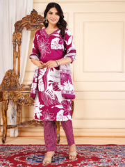 Floral Printed Cotton Blend Kurta With Pants & Dupatta