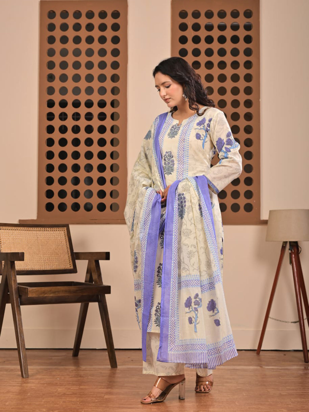 Cream Blue Cotton Blend Printed Straight Suit Set