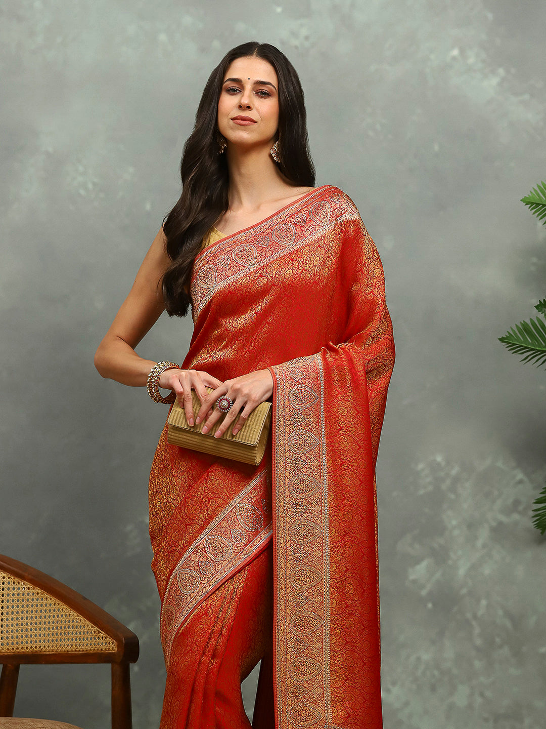 Stone Work Satin Embroidery Saree