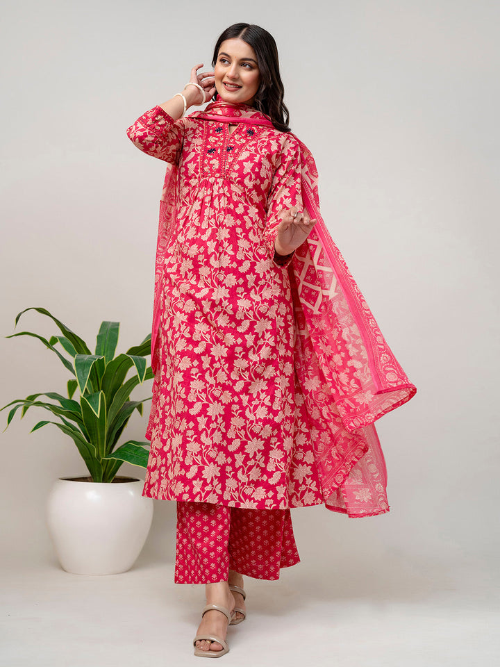Floral Parinted Cotton Kurta With Pants &amp; Dupatta