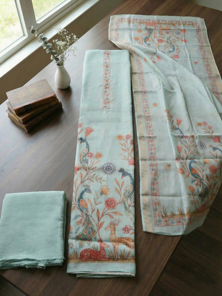 Printed Linen Blend Unstitched Suit With Pant &amp; Dupatta
