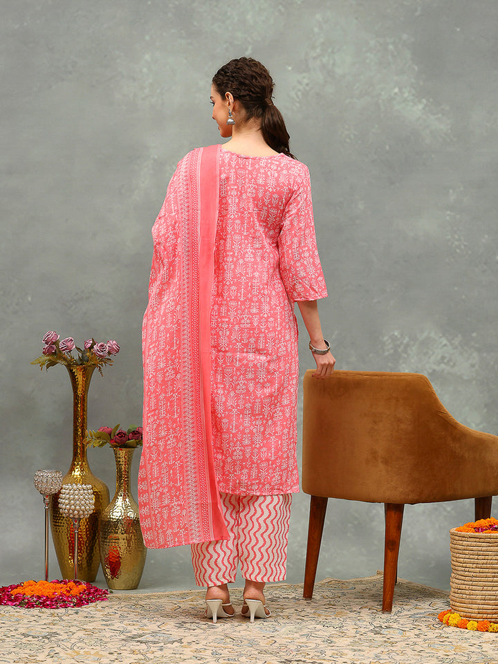 Printed Cotton Blend Kurta With Pants &amp; Dupatta