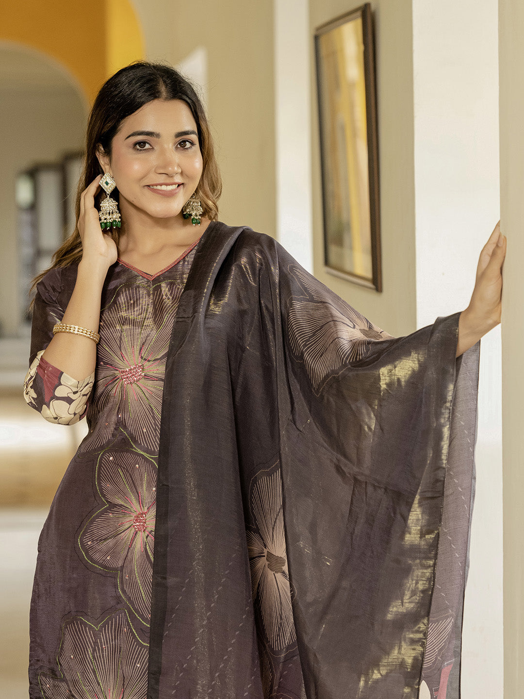 Embroidered Art Silk Kurta With Pant &amp; Dupatta