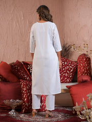 Neck Embroidery Cotton Blend Kurta With Pants & Dupatta