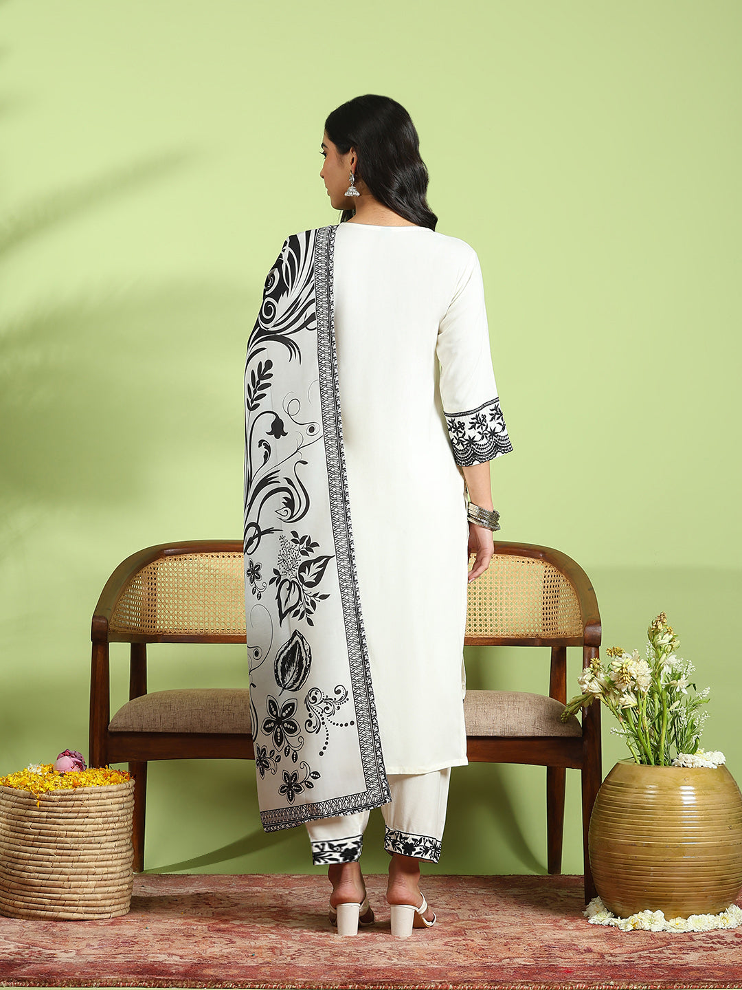 Embroidered Cotton Kurta With Pant &amp; Dupatta