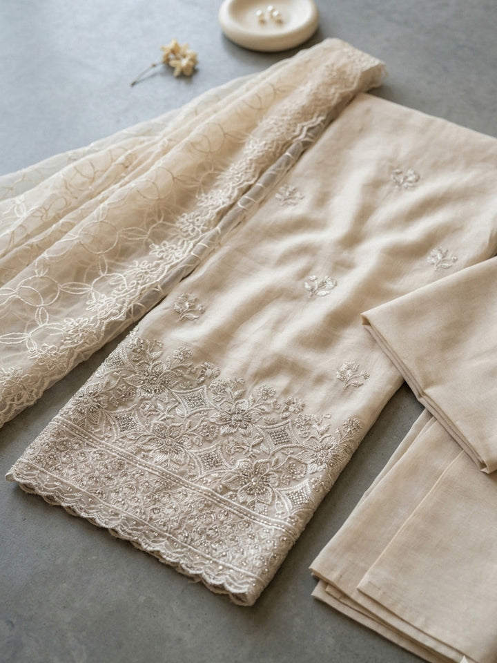 Embroidered Cotton Blend Unstitched Suit With Pant &amp; Dupatta