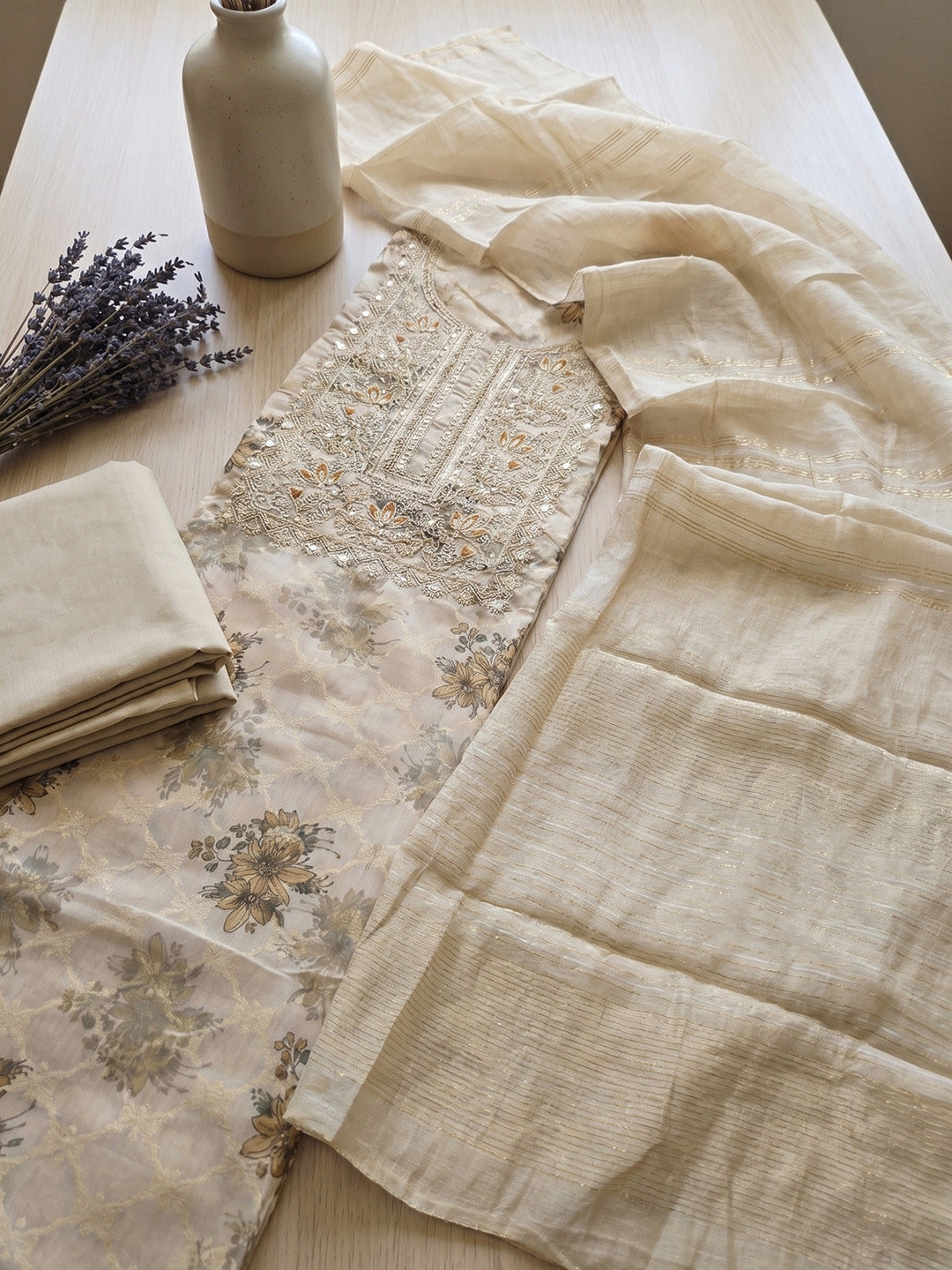 Embroidered Chanderi Unstitched Suit With Pant &amp; Dupatta
