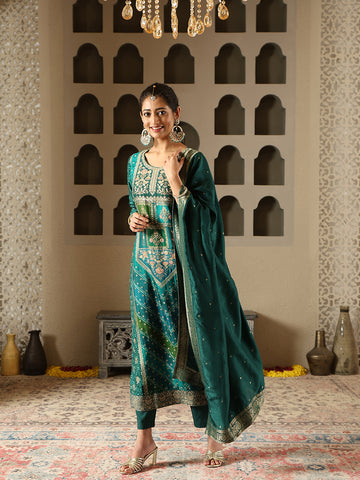 Banarasi Printed Woven Embroidery Kurta With Pants & Dupatta