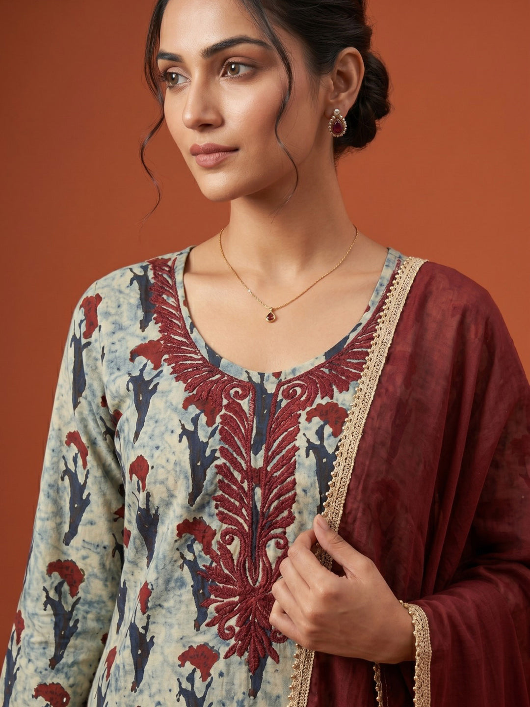Maroon Embroidered Cotton Blend Straight Round Neck Suit Set