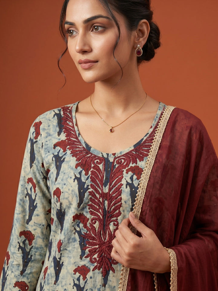 Maroon Embroidered Cotton Blend Straight Round Neck Suit Set
