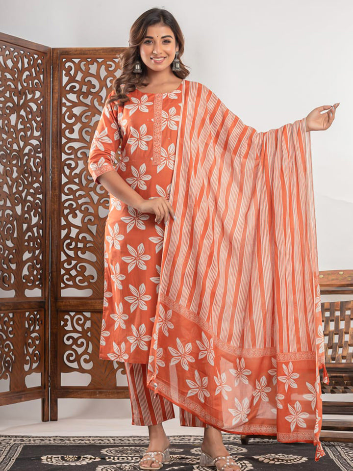 Brick Cotton Blend Printed Straight Suit Set