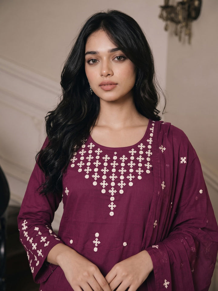 Wine Printed Cotton Blend Kurta With Pant &amp; Dupatta