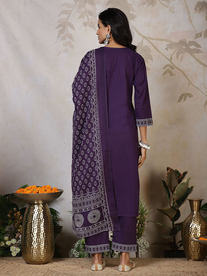 Printed Cotton Blend Kurta With Pants &amp; Dupatta