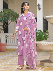 Printed Cotton Blend Kurta With Pants & Dupatta