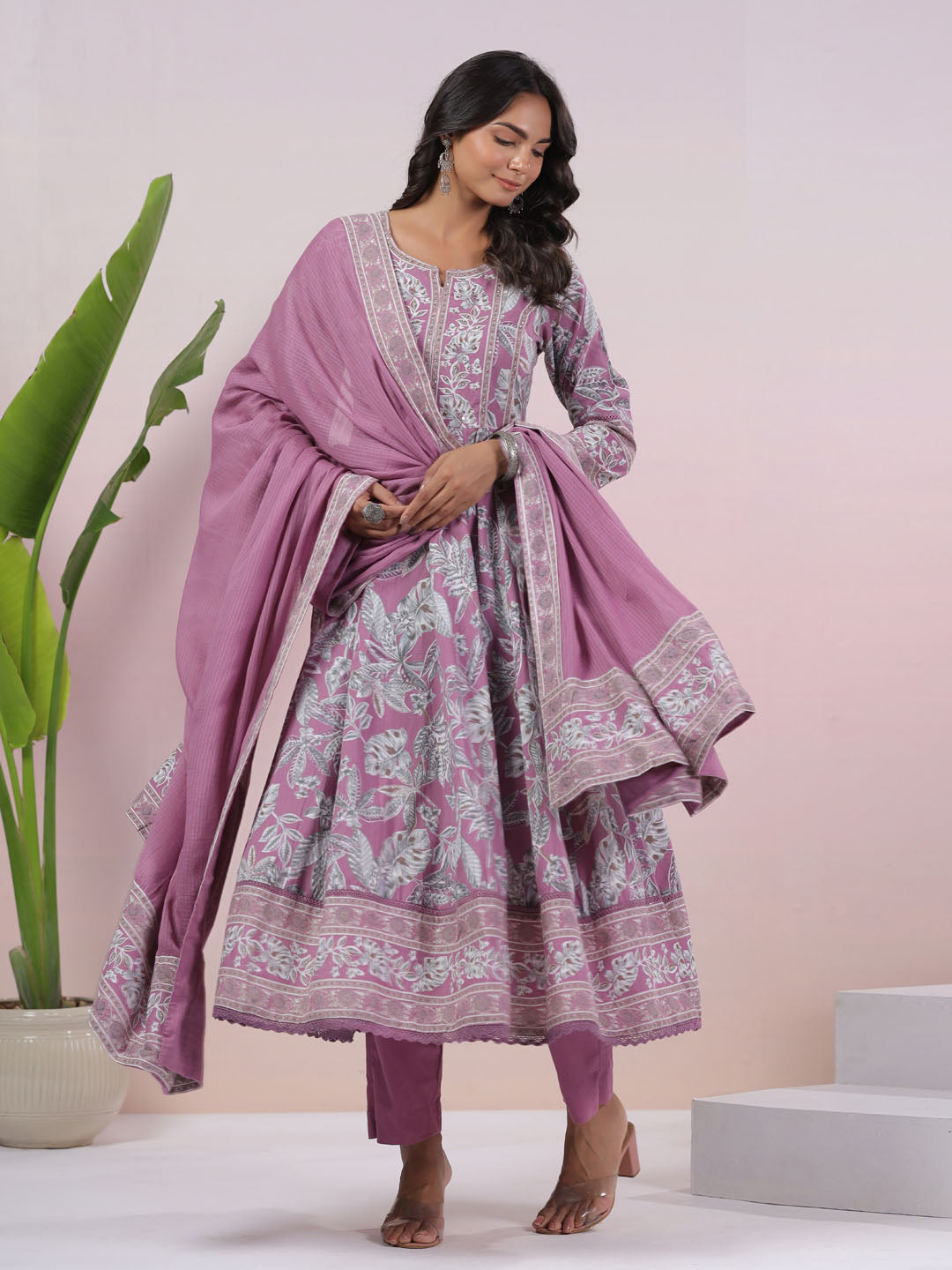 Floral Printed Cotton Blend Kurta With Pants & Dupatta