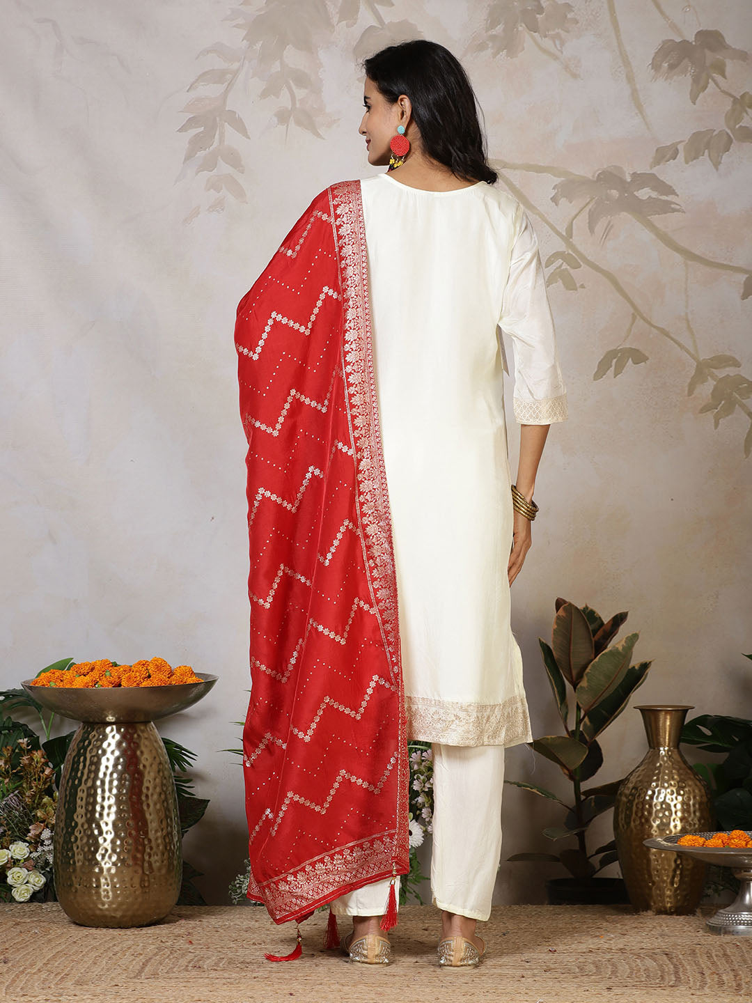 Banarasi Weave Tissue Kurta With Pants &amp; Dupatta