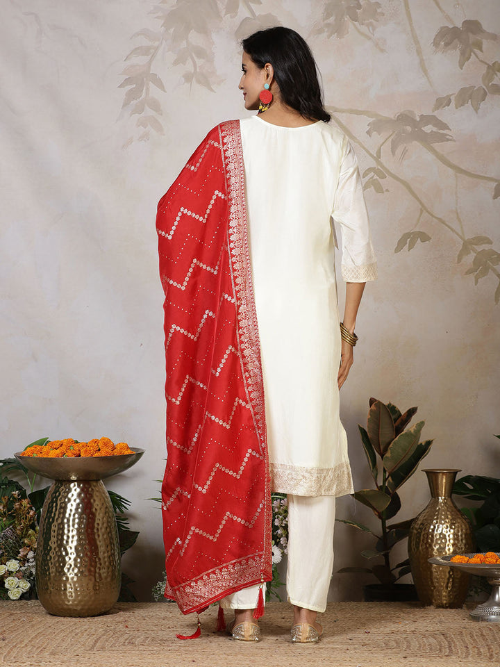 Banarasi Weave Tissue Kurta With Pants &amp; Dupatta