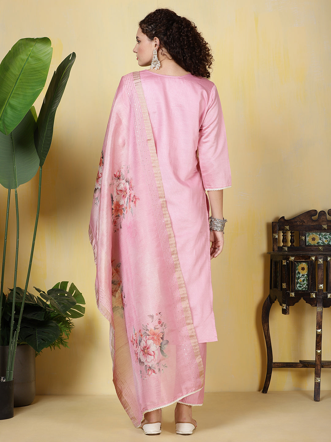 Neck Embroidered Cotton Blend Kurta With Pants & Dupatta