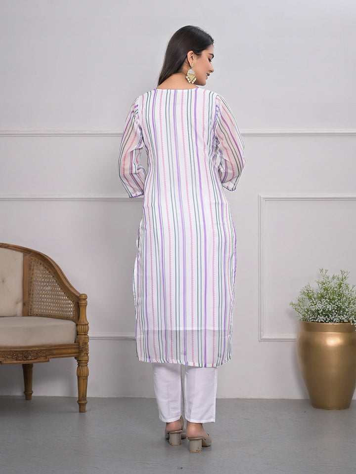 Neck Embroidered Georgette Kurta With Pants &amp; Dupatta